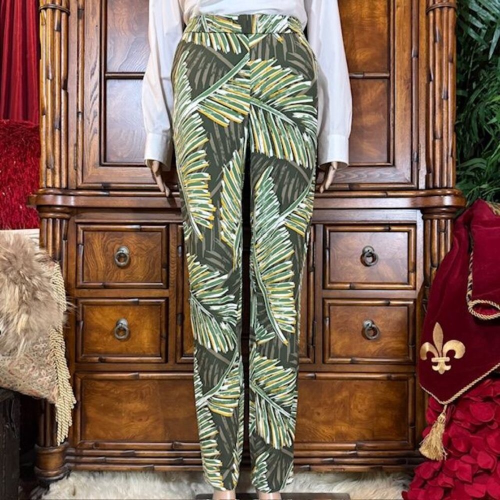 Lemon Way Olive Palm Print Stretch Cotton Blend Tapered Pant with Pockets